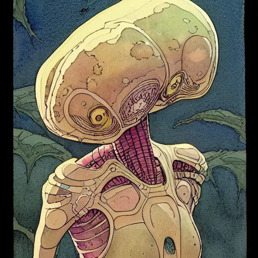 Prompt: a simple and atmospheric watercolour portrait of a pulp sci - fi alien mother bug, very muted colors, by rebecca guay, michael kaluta, charles vess and jean moebius giraud