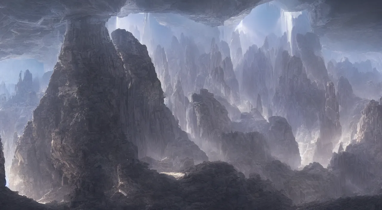 Image similar to ancient geological megastructural pyramid in canyon, tectonic parametrics by syd mead, photorealistic, zaha hadid, god rays, volumetric lighting, detailed, extremely intricate, raytrace, octane, light fog, neon, bladerunner