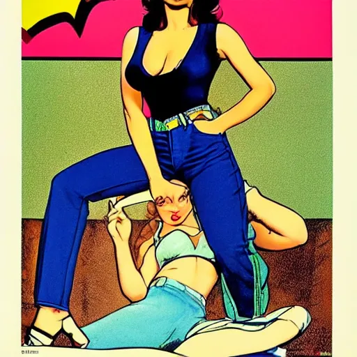 Prompt: beautiful pinup model wearing jeans and tanktop in 8 0 s style popart poster by lendecker, jack kirby, rembrandt