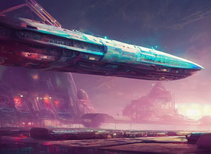 Prompt: detailed concept art illustration colorful pastel painting of a retro sci-fi solarpunk spaceship docked at port in full intricate detail, ultra detailed, digital art, octane render, 4K, dystopian, micro details