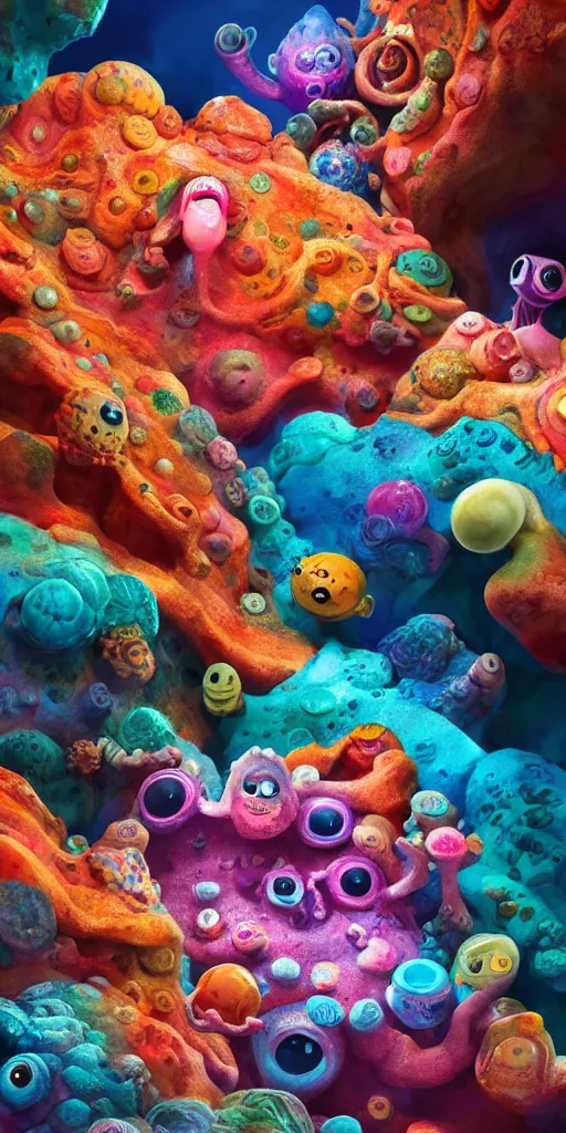 Image similar to of a colorful deep sea cave with strange cute friendly happy creatures with huge eyes, mouth, long tongue and round teeth appearing from sandy coral, in the style of gehry and gaudi, macro lens, shallow depth of field, ultra detailed, digital painting, trending artstation, concept art, illustration, cinematic lighting, photorealism, epic, octane render