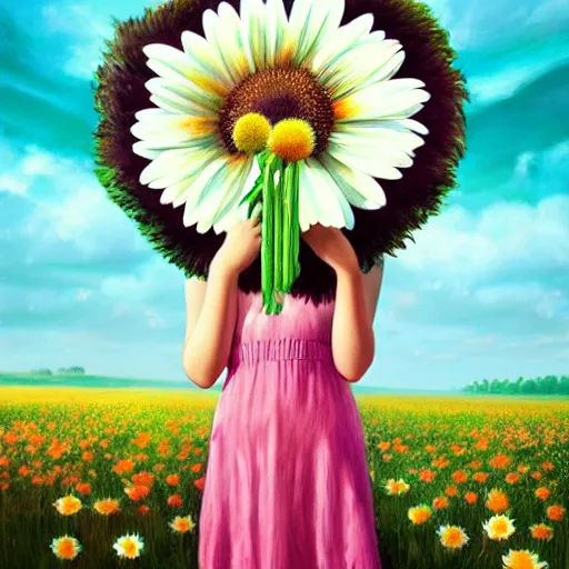 Image similar to giant daisy flower head, portrait of girl in flower field, holding daisy, surreal photography, sunrise, impressionist painting, colorful clouds, digital painting, artstation, simon stalenhag, flower face