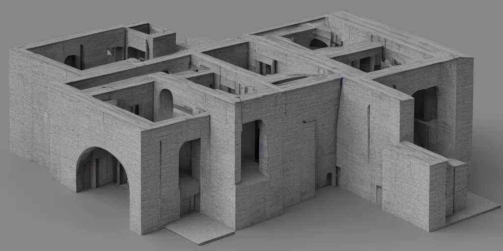 Image similar to 3 d octane model of a brutalism art gallery, highly detailed