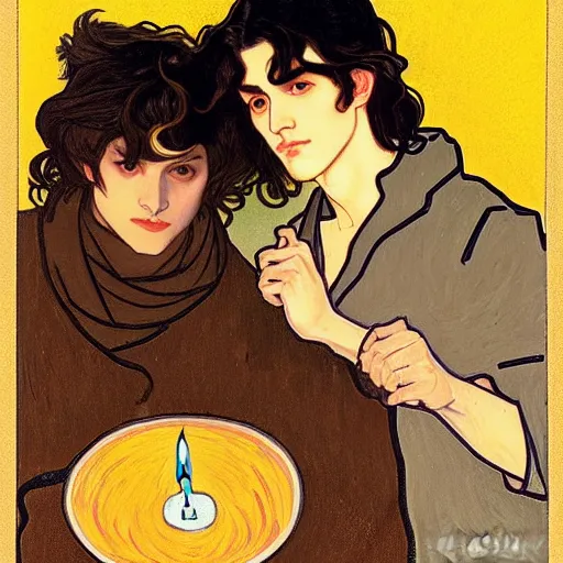 Image similar to painting of young cute handsome beautiful dark medium wavy hair man in his 2 0 s named shadow taehyung and cute handsome beautiful min - jun together at the halloween party, bubbling cauldron, candles, smoke, tarot, autumn colors, elegant, stylized, soft facial features, delicate facial features, art by alphonse mucha, vincent van gogh, egon schiele