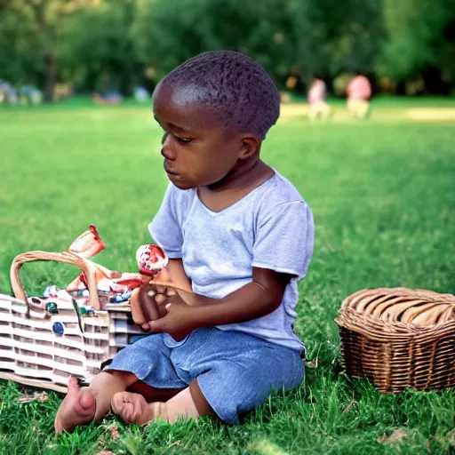 Prompt: Pepe the child sitting on a picnic in the park. 25mm, focused, masterpiece, soft lights, International Photography Awards, photo by Steve Hanks