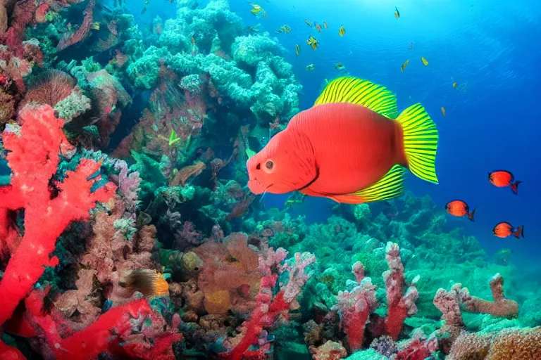 Image similar to photo of a baby cat scuba diving and chasing a school of fish above colorful coral reefs, award - winning photograph, national geographic, 8 k uhd, excellent lighting
