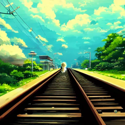 Image similar to a beautiful ultradetailed anime illustration，up to bottom is clouds，sea，railway，by makoto shinkai，anime wallpaper 4k，prismatic