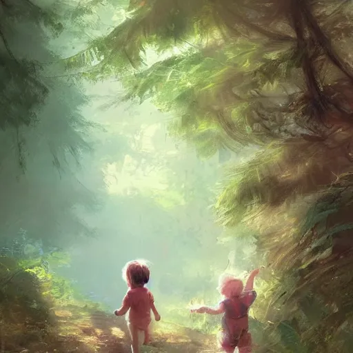 Prompt: toddler hiking in the woods, digital art by ruan jia and mandy jurgens and artgerm, highly detailed, trending on artstation, award winning