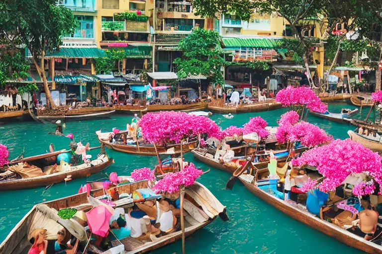 Prompt: floating markets of singapore river along boat quay turquoise and pink river during orchid tree season on thermal waters flowing down white travertine terraces during interstellar aurora borealis, gold waterfalls, vendors, festivals, fun, by peter mohrbacher, james jean, james gilleard, greg rutkowski, vincent di fate, rule of thirds, octane render, beautiful landscape