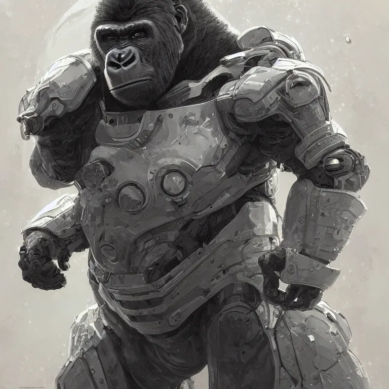 Image similar to detailed science-fiction character portrait of a silverback gorilla wearing a white armored space suit, intricate, wild, highly detailed, digital painting, artstation, concept art, smooth, sharp focus, illustration, art by artgerm and greg rutkowski and alphonse mucha