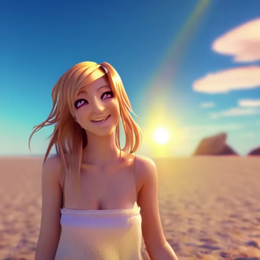 Image similar to a very beautiful 3d anime girl on the beach looking at the sun, unreal engine 5 4k render, hazler eyes, cute smile, trending on artstation, medium shot, long blonde hair