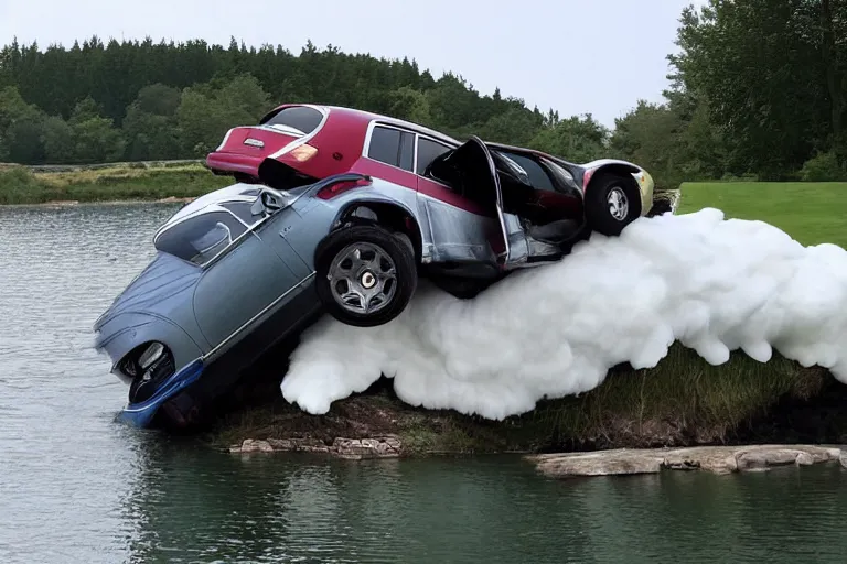 Image similar to Group of teenagers push Rolls-Royce into lake from small slide