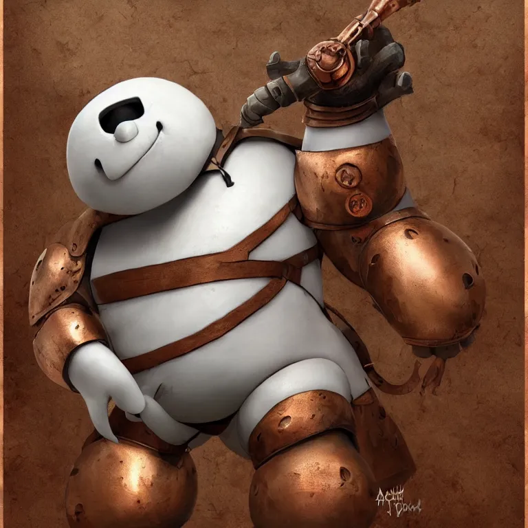 Prompt: a medieval fantasy baymax made out of wood and copper, digital art, trending on artstation