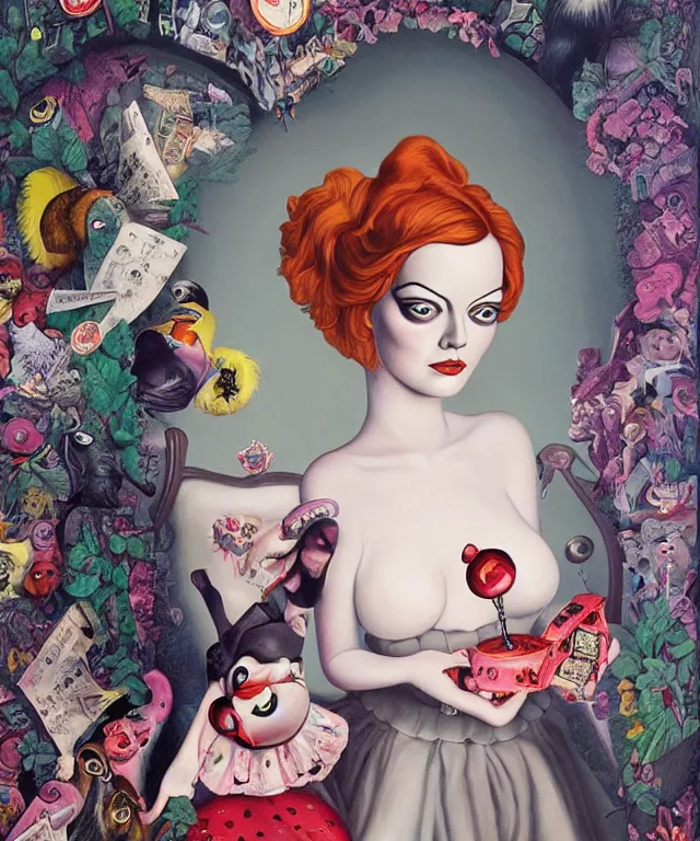 Image similar to portrait of Emma Stone in wonderland, lowbrow painting by Mark Ryden