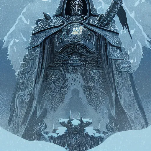 Image similar to A ultra detailed matte painting of Arthas lich king, by Victo ngai, trending on ArtStation,