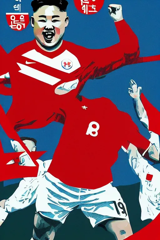 Prompt: Kim Jong-Un celebrating scoring the winning goal for North Korea in the World Cup Final, propaganda poster, soccer, football, FIFA, sport, dramatic lighting