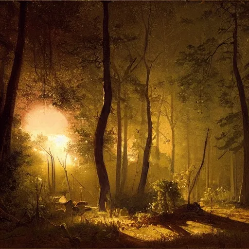 Image similar to an oil painting of a forrest at dusk with a moonlight clearing and fireflies and an abandoned tent. By carl spitzweg tuomas korpi and greg rutkowski