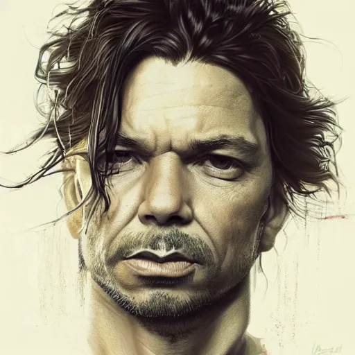 Image similar to a portrait of michael hutchence as a wizard, upper half portrait, urban motifs, intricate, elegant, highly detailed, digital painting, trending on artstation, concept art, smooth sharp focus, illustration, art by artgerm and greg rutkowski