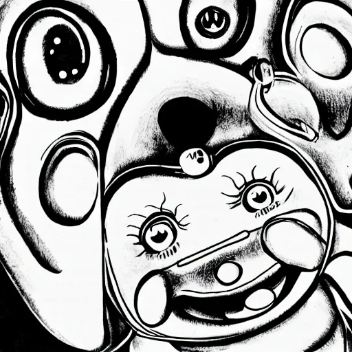 Image similar to black and white illustration of Teletubbies by Junji Ito