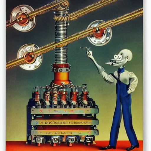 Image similar to an anthropomorphic factory machine with a grinning face by boris artzybasheff