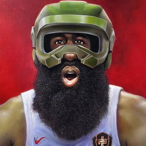 Image similar to ultra realistic portrait painting of james harden as master chief, art by frank frazetta, 4 k, ultra realistic, highly detailed, epic lighting