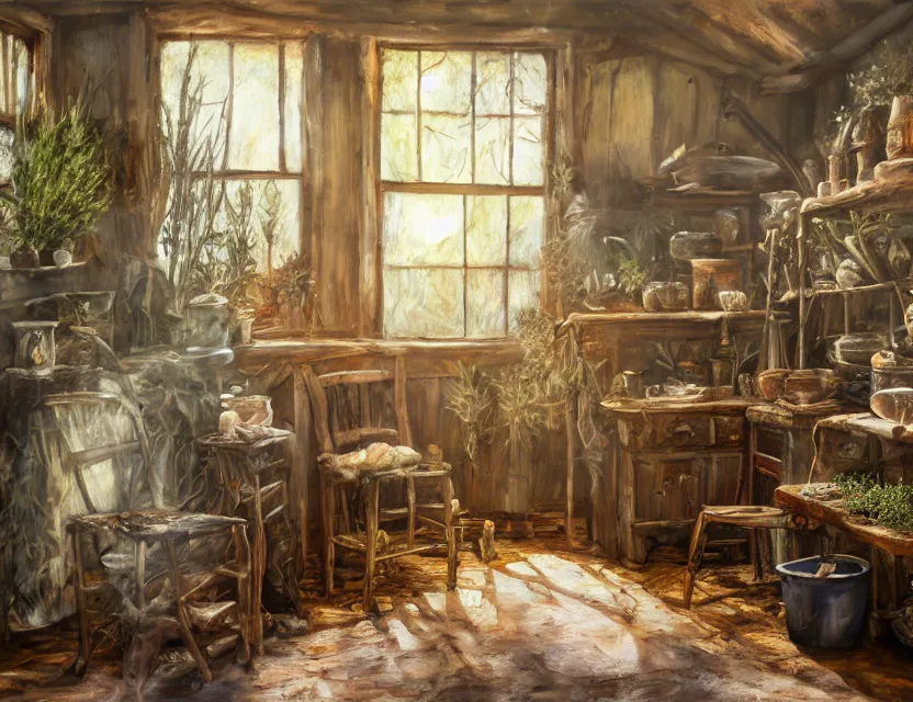 Image similar to expressive rustic oil painting, interior view of a [[cluttered]] herbalist cottage, waxy candles, burning herbs hazy, dried herbs, cabinets, wood furnishings, herbs hanging, wood chair, light bloom, dust, ambient occlusion, morning, rays of light coming through windows, dim lighting, brush strokes oil painting