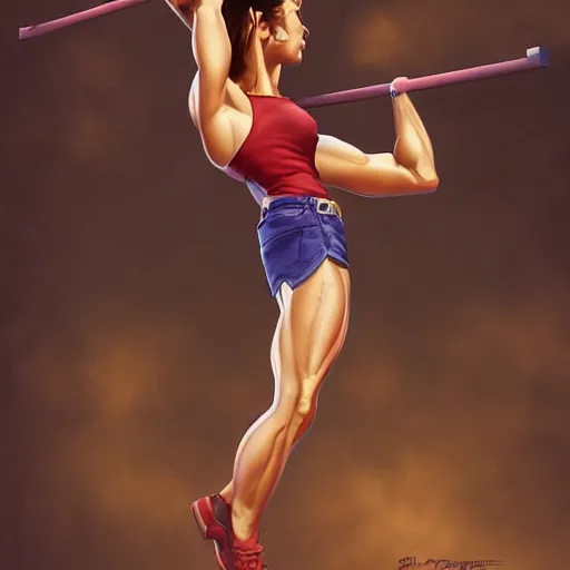 Image similar to Mary Lou Retton training for the show American Ninja Warrior by Stanley Artgerm Lau, WLOP, Rossdraws, Frank Frazetta, Andrei Riabovitchev, Marc Simonetti, trending on artstation.