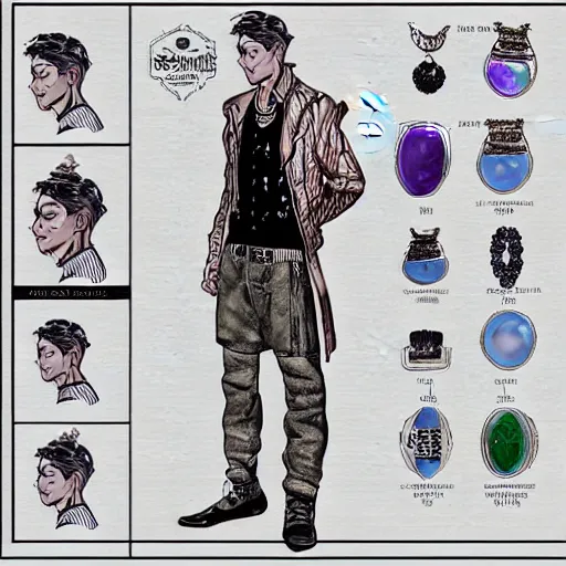 Image similar to a character model sheet of a very handsome young man wearing excessive jewelry in a stylish and cool way