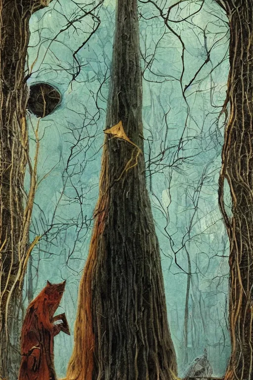 Image similar to tarot card, haunted woods, by andy kehoe