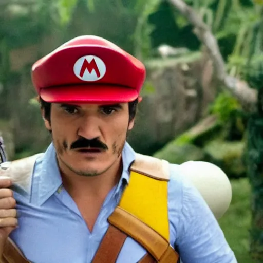 Prompt: Pedro pascal as super Mario, cinematic movie, dramatic scene, Martin Scorsese film
