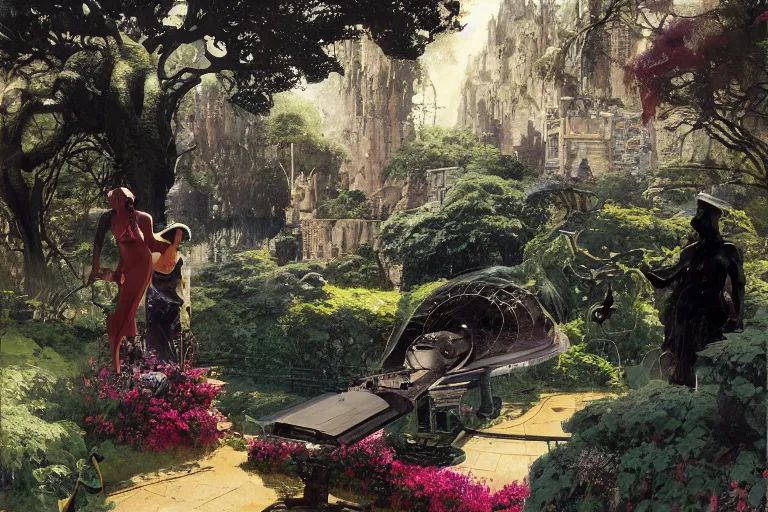 Image similar to pulp scifi illustration, elegant black woman watches spacecraft land in garden of stately home, flowers, baobab trees, distant town in valley and hills, by norman rockwell, jack kirby, john berkey, bergey, craig mullins, ruan jia, raymond swanland, jeremy mann, beksinski, tom lovell, alex malveda, schomburg