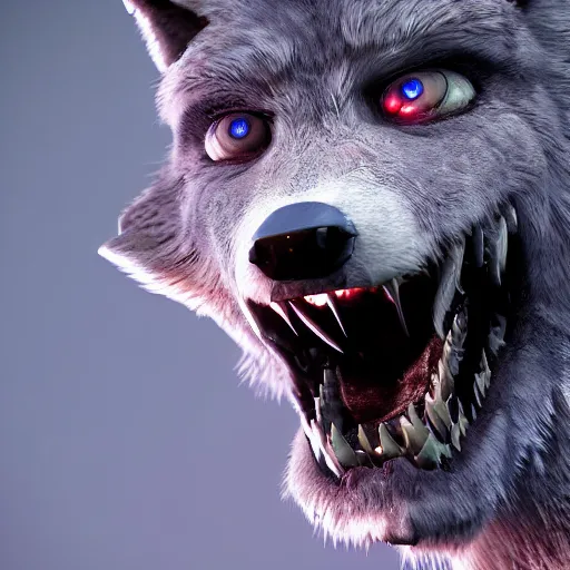 Prompt: A cyberpunk wolf, Macro shot by Justin Gerard, unreal engine, physically based rendering