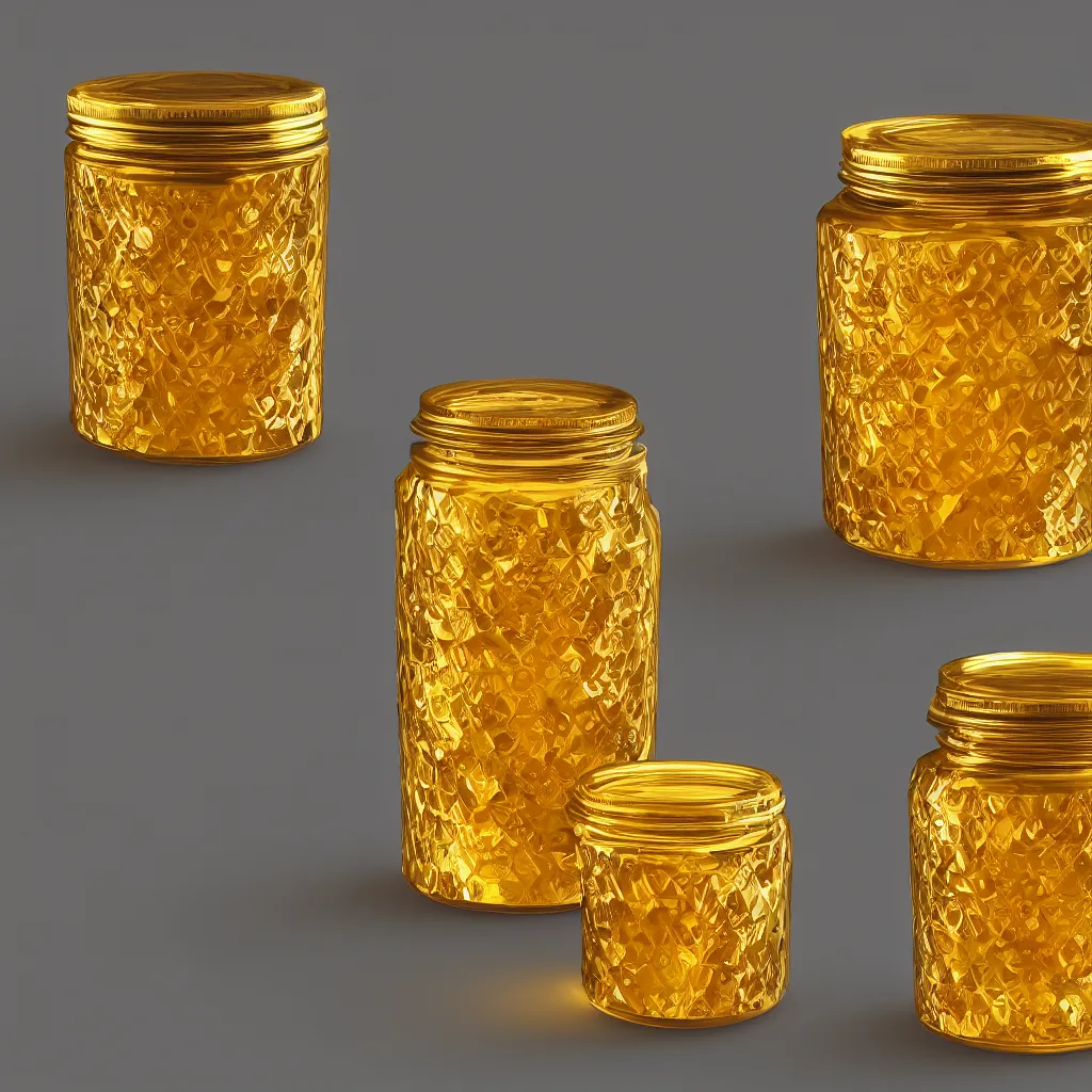 Image similar to elaborate low poly faceted honey jar, golden glistening, light bloom, octane render, product photography, studio photography, sharp high contrast