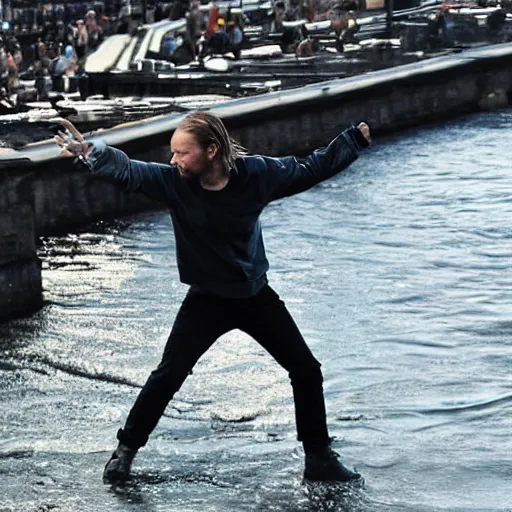 Prompt: thom yorke throwing his computer into the river thames, movie still, highly detailed