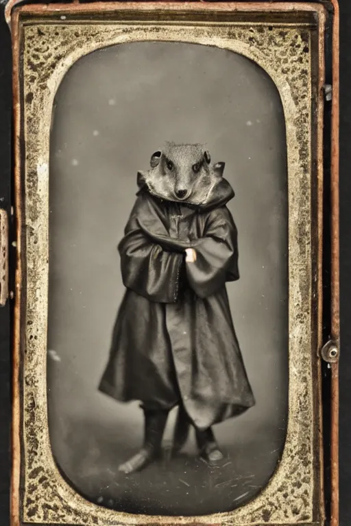 Image similar to a wet plate photo of an anthropomorphic weasel dressed as a friar