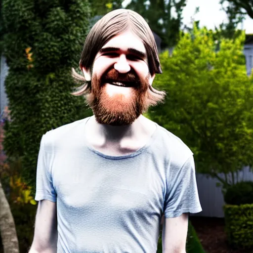 Image similar to bearded long - haired bo burnham outside of his house, smiling and dancing