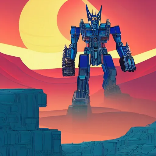 Image similar to optimus prime standing in the desert by kilian eng