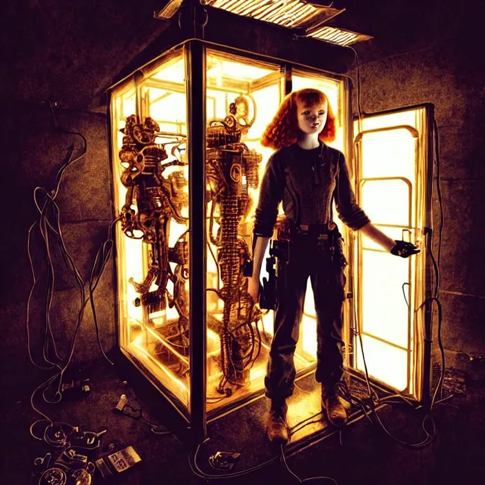 Image similar to sadie sink as a miner inside a minimalist steampunk automated kiosk with options to choose from. scifi cyberpunk. by gabriel hardman, joe alves, chris bonura. cinematic atmosphere, detailed and intricate, perfect anatomy