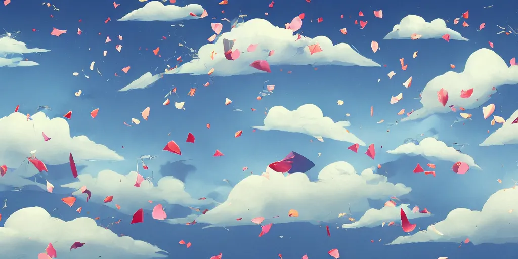 Image similar to background art of flying longswords flowing and floating through the slicing through directional wind on a simple cloudy sky background featuring an enormous tsunami, big puffy clouds, large individual rose petals, lotus petals, angular background elements, large polygonal fragments, anime, studio ghibli, artgerm, manga, trending on artstation, art nouveau, mature color scheme