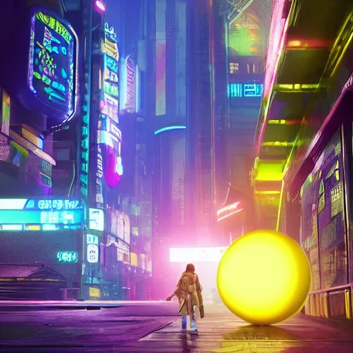 Image similar to high quality 3 d render cyberpunk very tennis ball monster highly detailed, unreal engine cinematic smooth, in the style of blade runner & detective pikachu, hannah yata charlie immer, purple light, low angle, uhd 8 k, sharp focus