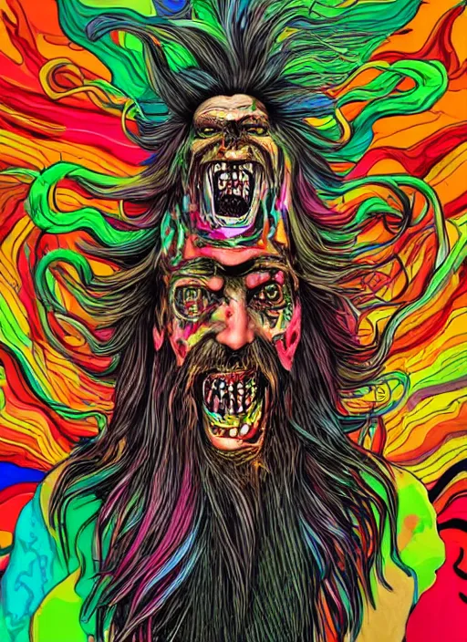 Prompt: a crazy man with long multi colored hair and a pointy beard smiling and making strange gestures as his face melts and inside his face are various psychedelic rebel monsters, psychedelic surreal cosmic bizarre horror