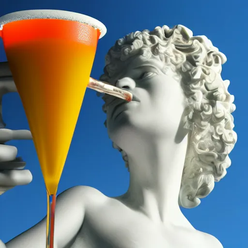 Prompt: close - up of white reneissance statue holding a coctail, colorful coctail, digital painting, 3 d render, above the waist