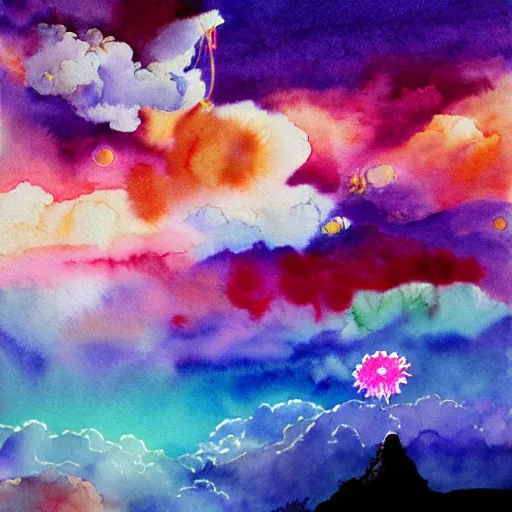 Prompt: spirits over the horizon, spiritual, watercolor, warm color palette, colorful, vapor, mist, flowers, floral, diffraction grading, de - noise, by akihito yoshida, by weta fx, by yaoy kusama, by yoshitaka amano