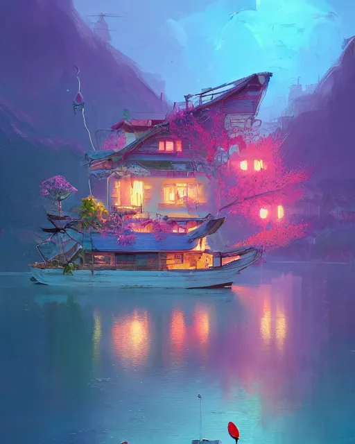 Prompt: a houseboat by a small fishing village on the river | cherry - blossoms | highly detailed | very intricate | serene romantic fantasy whimsical magical | professional cinematic lighting | pixar | award - winning | matte painting by anton fadeev and paul lehr and rhads and alena aenami | pastel color palette | featured on artstation