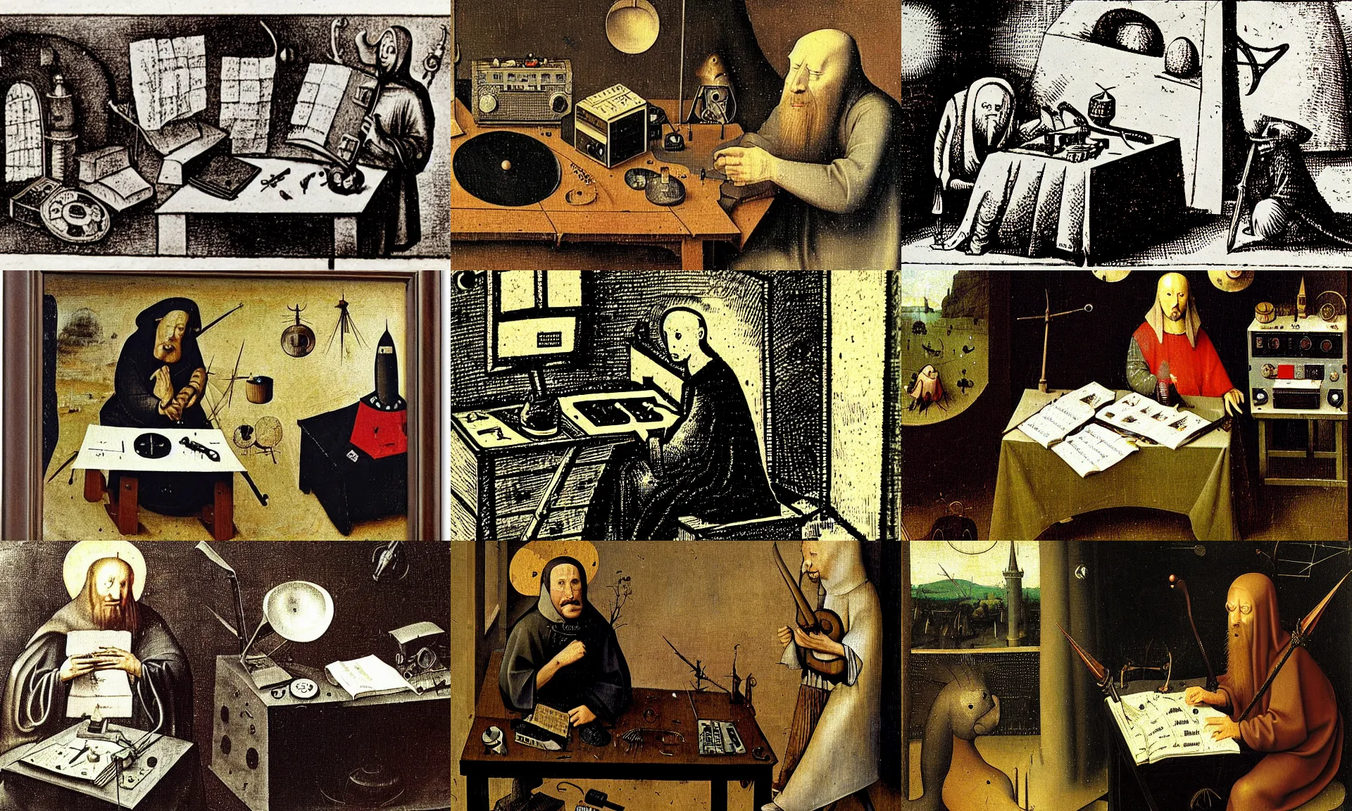 Prompt: wizard, radio equipment, desk, tome, by Hieronymus Bosch