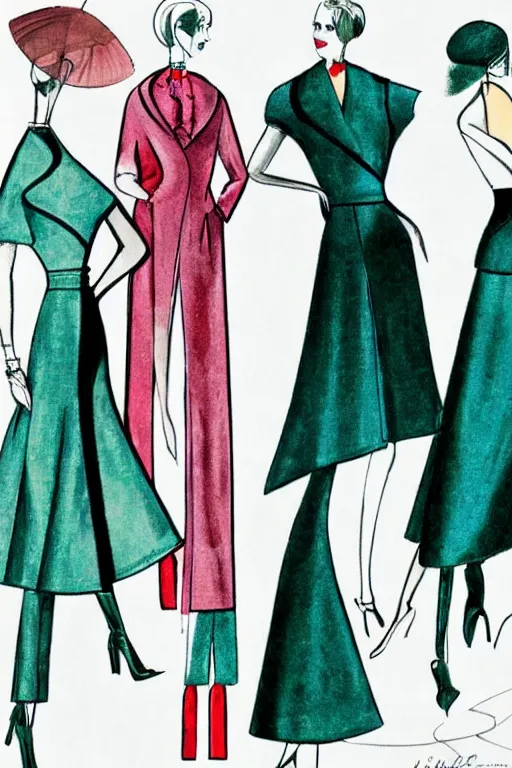 Image similar to a detailed high fashion couture illustration of a mid - century outfit