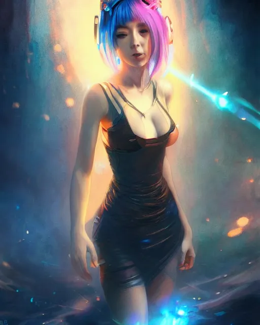 Image similar to stunningly beautiful female dj, blue hair, dj sura, dragon tattoo on her back, laser lights, sharp focus, digital painting, 8 k, concept art, art by wlop, artgerm, greg rutkowski and alphonse mucha