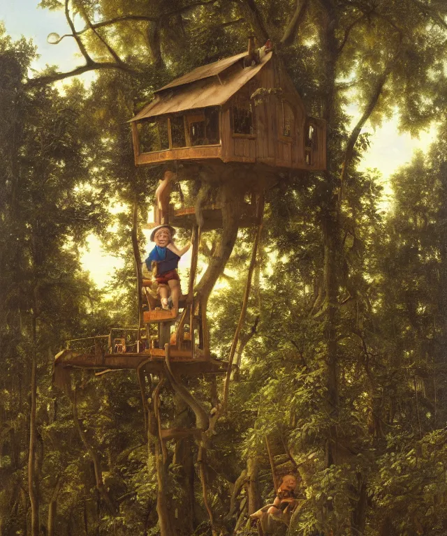 Image similar to masterful oil on canvas painting, eye - level view, shot from 5 0 feet distance, of a kid playing in a treehouse. in the background is a whimsical sparse forest. by ambrosius benson and gerald brom. golden hour, detailed, depth, volume, chiaroscuro, quiet intensity, vivid color palette.