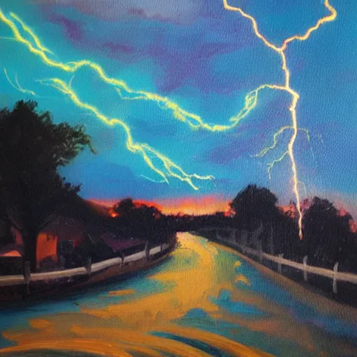 Image similar to “a town lightning storm oil panting”