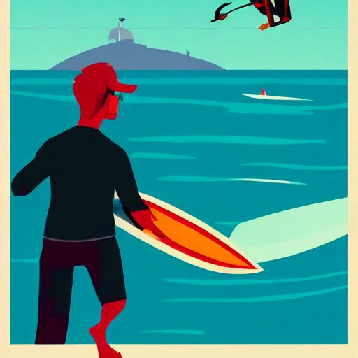 Prompt: postal employee holding a macbook in one hand and waving to a surfer with the other hand, kilian eng